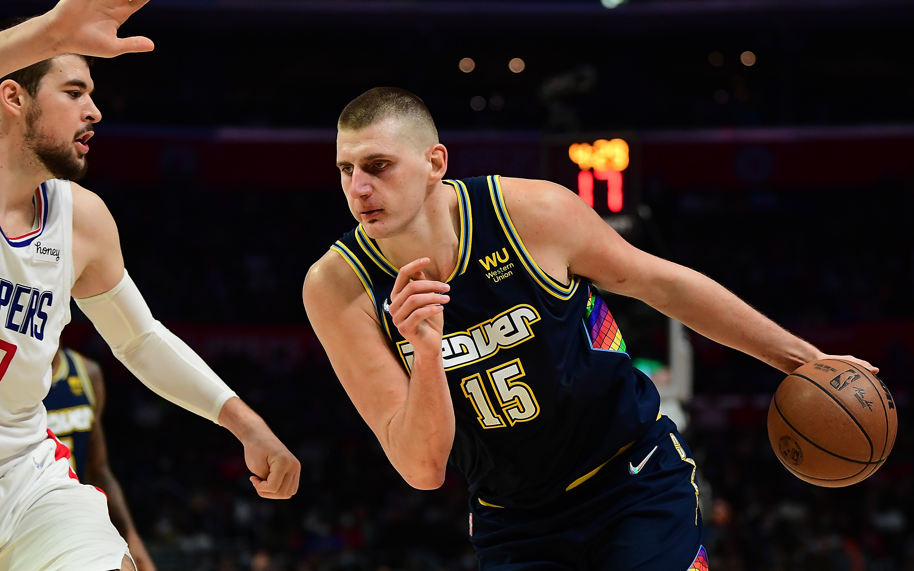 USATSI_17414116 Cropped Nikola Jokic drives on Sunday. Credit: Gary A. Vasquez, USA TODAY Sports.