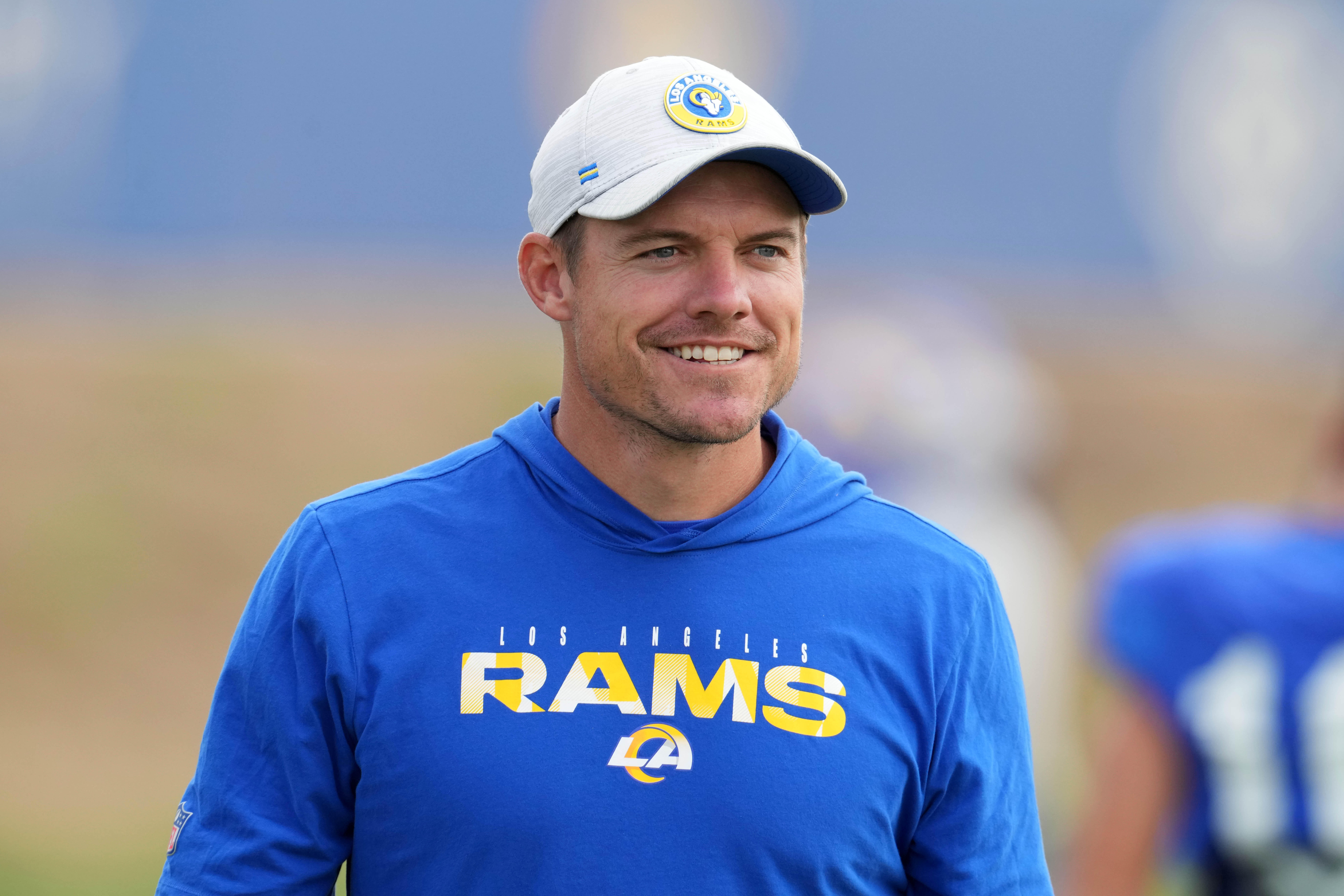 Los Angeles Rams offensive coordinator Kevin O'Connell looks on during a joint practice against the Las Vegas Raiders.