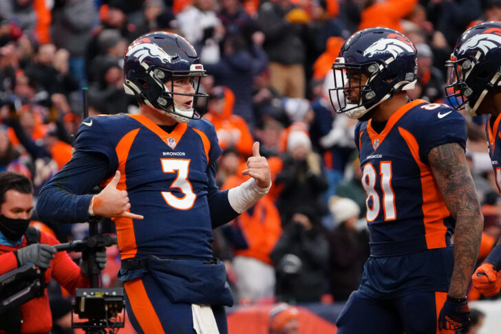 Denver Broncos quarterback Drew Lock (3) celebrates his touchdown with wide receiver Tim Patrick (81) in the second quarter against the Kansas City Chiefs at Empower Field at Mile High.