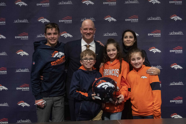 Denver Broncos head coach Nathaniel Hackett with his family, left to right Harrison 13, London 11, Briar 12, Everly 9 and his wife Megan. Hackett becomes the 18th head coach in franchise history. Hackett was introduced at a press conference at UC Health Training Center.