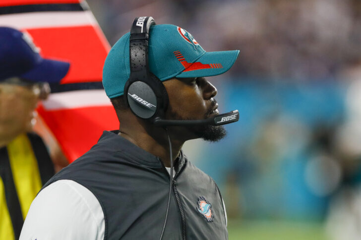 Miami Dolphins head coach Brian Flores watches from the sideline during the second quarter against the New England Patriots at Hard Rock Stadium.