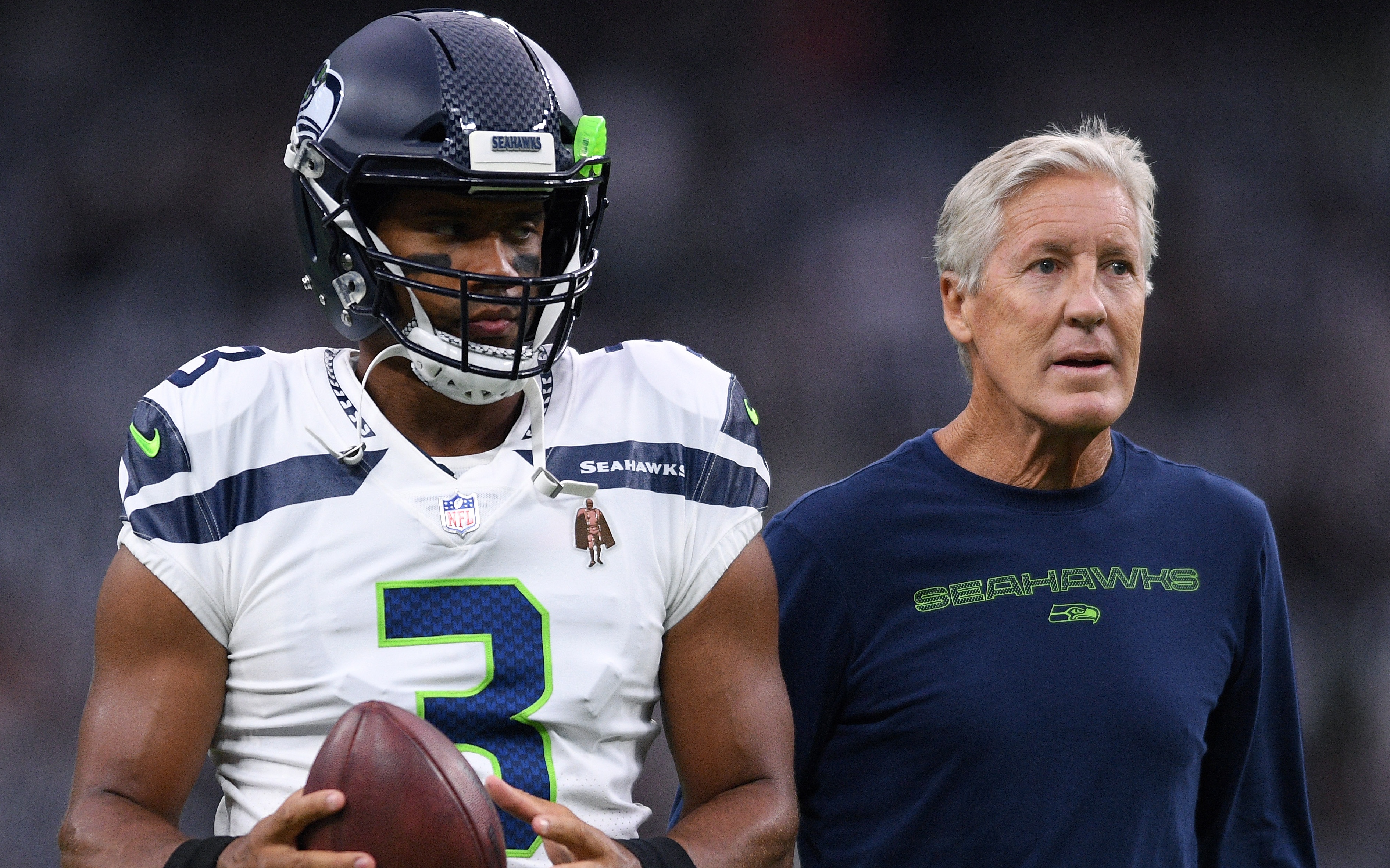 Pete Carroll and Russell Wilson in 2021. Credit: Orlando Ramirez, USA TODAY Sports.