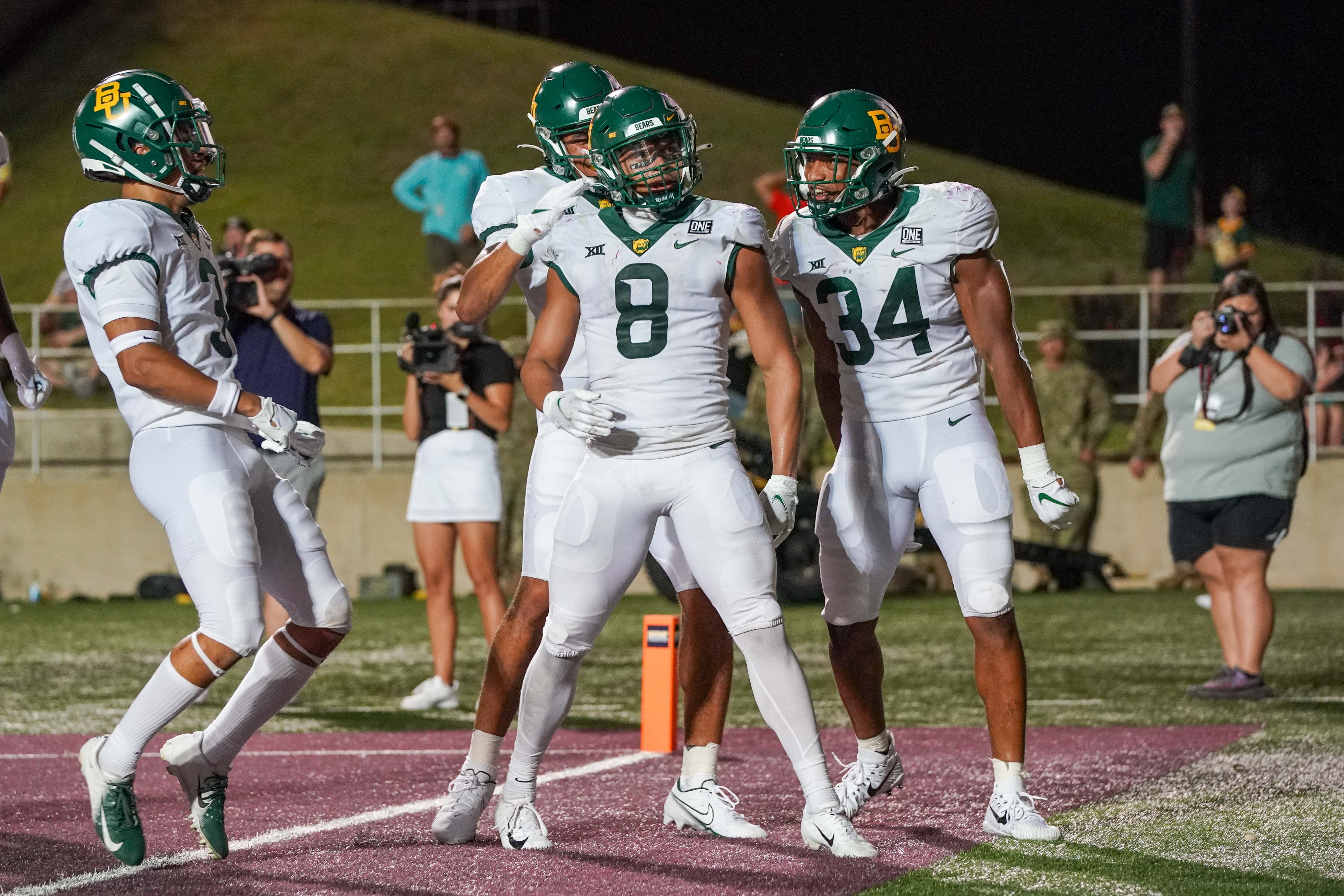 NCAA Football: Baylor at Texas State Baylor Bears safety Jalen Pitre (8) celebrates after an interception against the Texas State Bobcats in the second half at Bobcat Stadium.