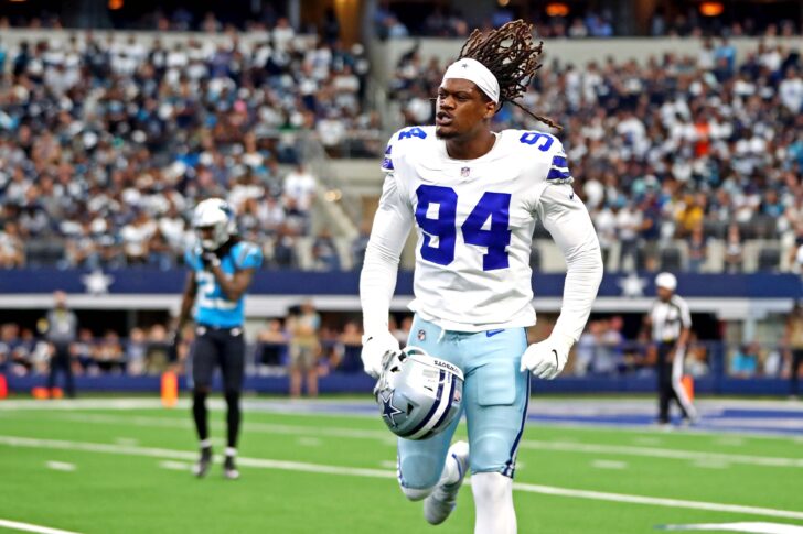 Dallas Cowboys defensive end Randy Gregory (94) reacts during the first quarter against the Carolina Panthers at AT&T Stadium.