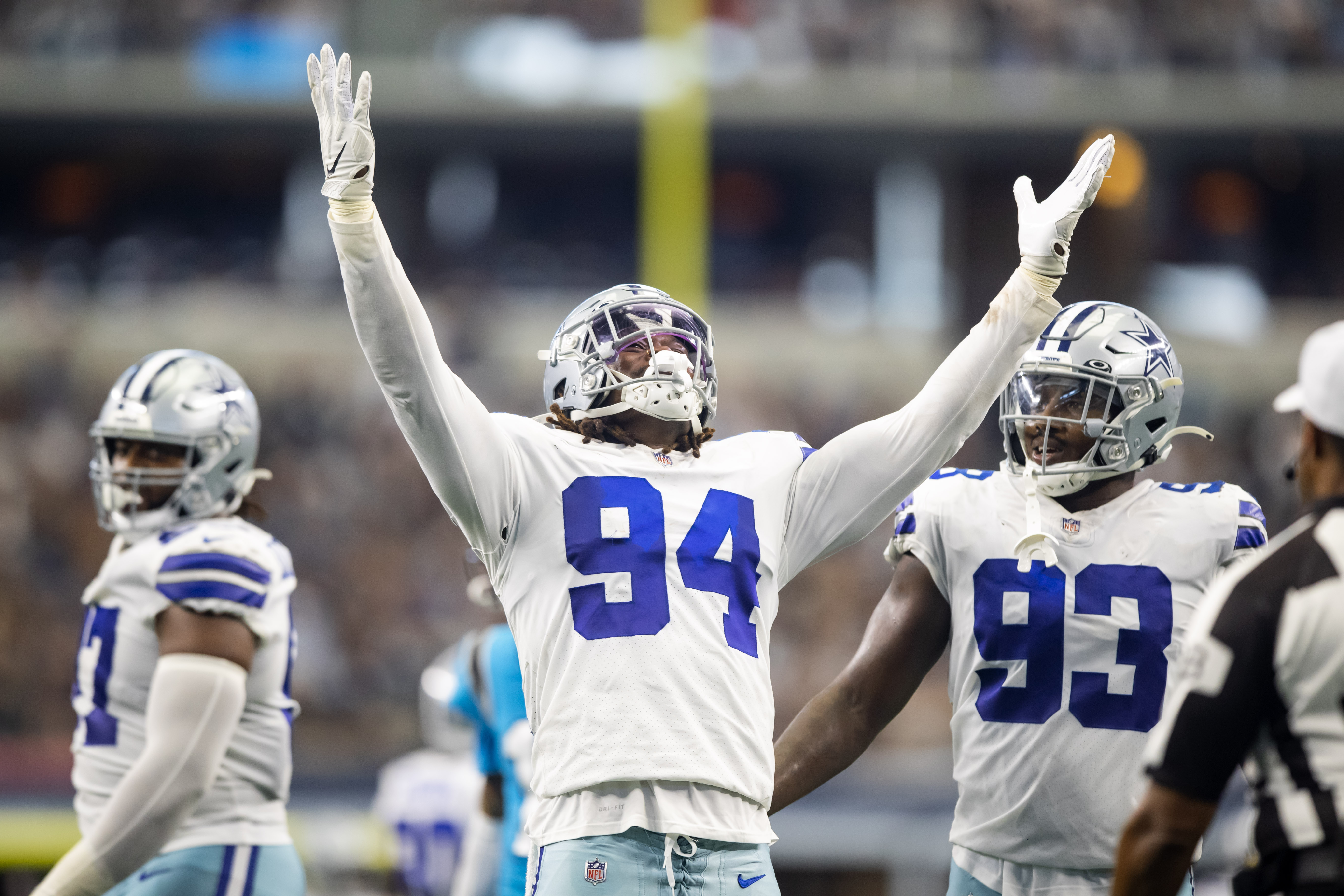 Dallas Cowboys defensive end Randy Gregory (94) celebrates against the Carolina Panthers at AT&T Stadium.