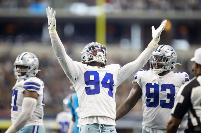 Dallas Cowboys defensive end Randy Gregory (94) celebrates against the Carolina Panthers at AT&T Stadium.