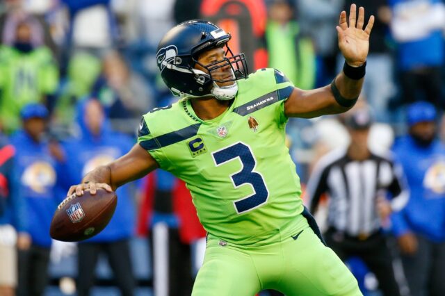 Russell Wilson throws deep against the Rams. Credit: Joe Nicholson, USA TODAY Sports.