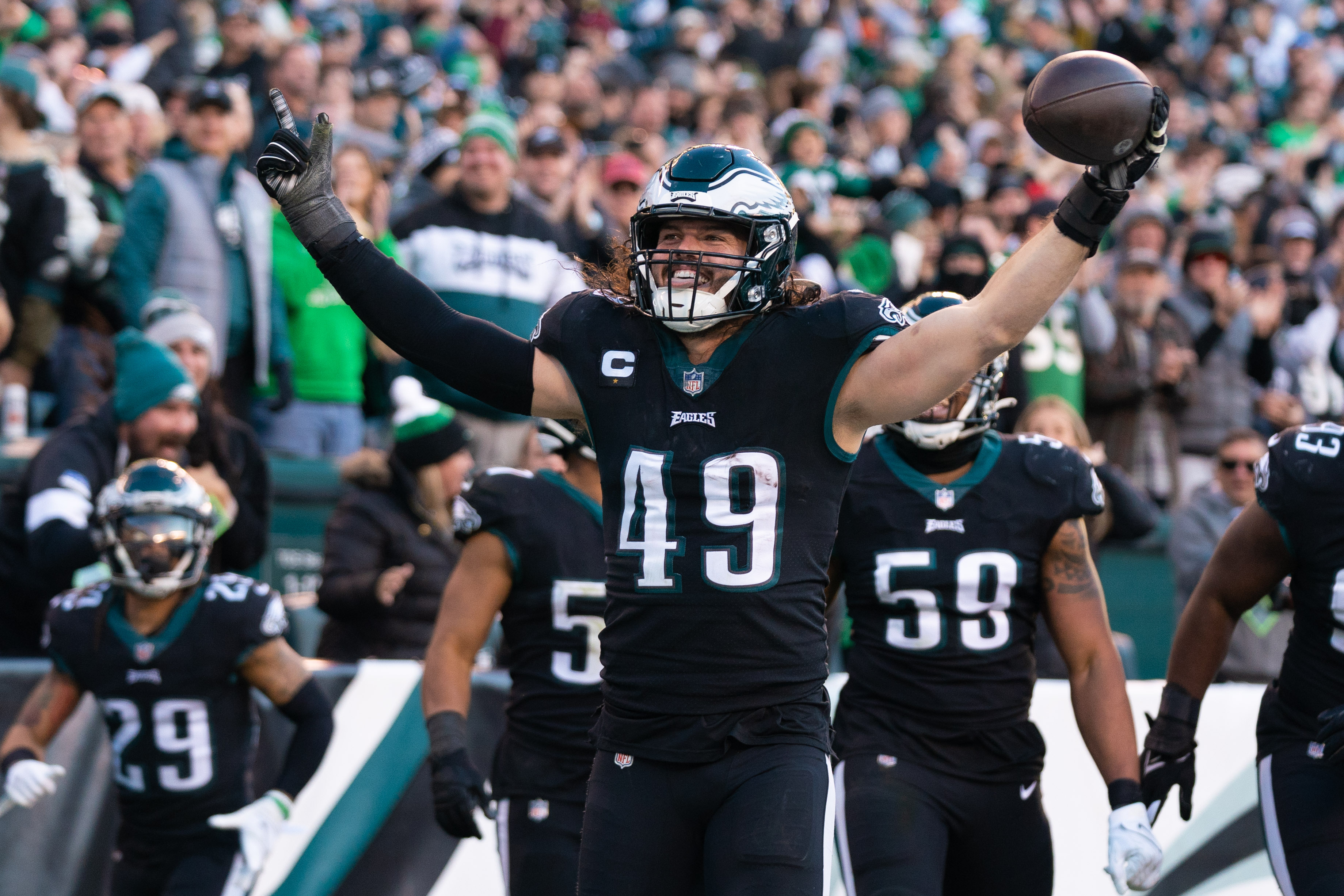 Philadelphia Eagles outside linebacker Alex Singleton (49) celebrates after his interception for a touchdown against the New York Giants during the fourth quarter at Lincoln Financial Field.