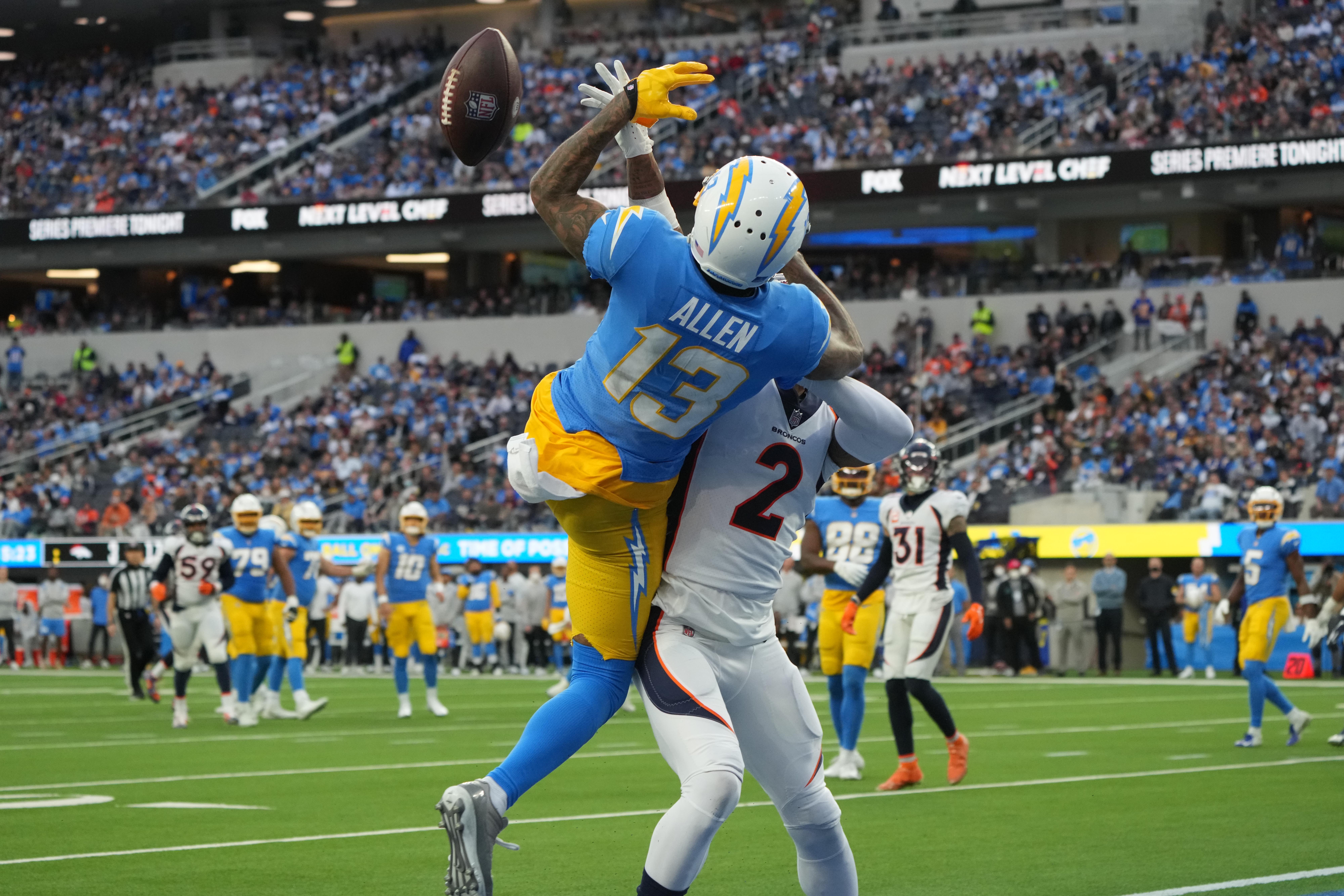 Denver Broncos cornerback Pat Surtain II (2) breaks up a pass intended for Los Angeles Chargers wide receiver Keenan Allen (13) in the second half at SoFi Stadium.