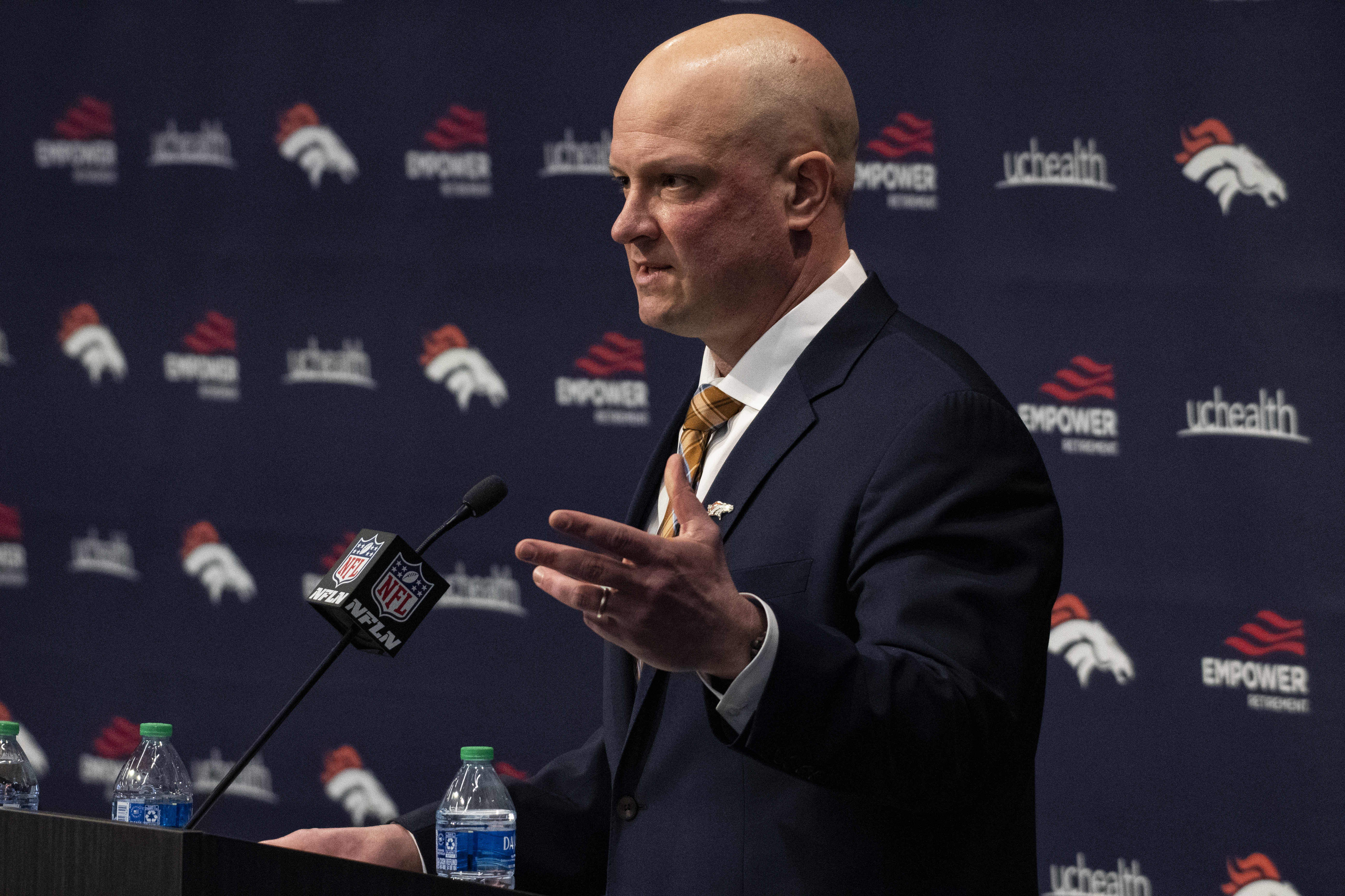 Denver Broncos introduce Nathaniel Hackett, who has agreed to terms to become the club’s head coach at a press conference at UC Health Training Center.