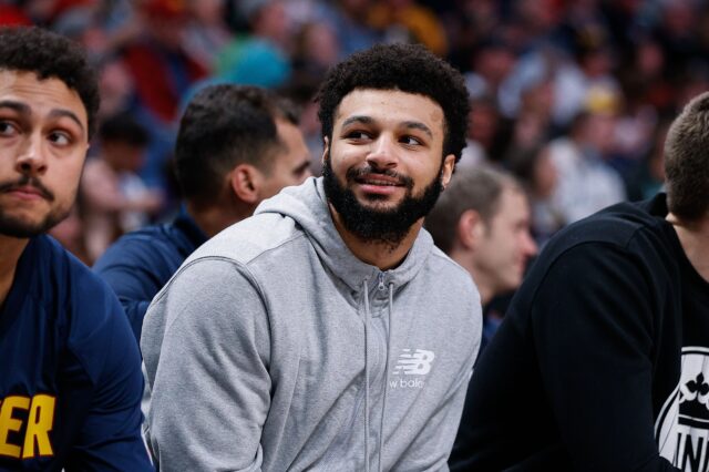 Jamal Murray on the bench Sunday night in the loss to the Celtics. Credit: Isaiah J. Downing USA TODAY Sports.