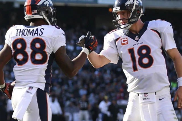 Demaryius Thomas and Peyton Manning celebrate in 2015. Credit: Isaiah J. Downing, USA TODAY Sports.