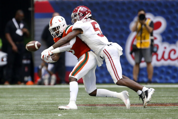 Alabama Crimson Tide defensive back Jalyn Armour-Davis (5) breaks up a pass intended for Miami Hurricanes wide receiver Key'Shawn Smith (5) at Mercedes-Benz Stadium.
