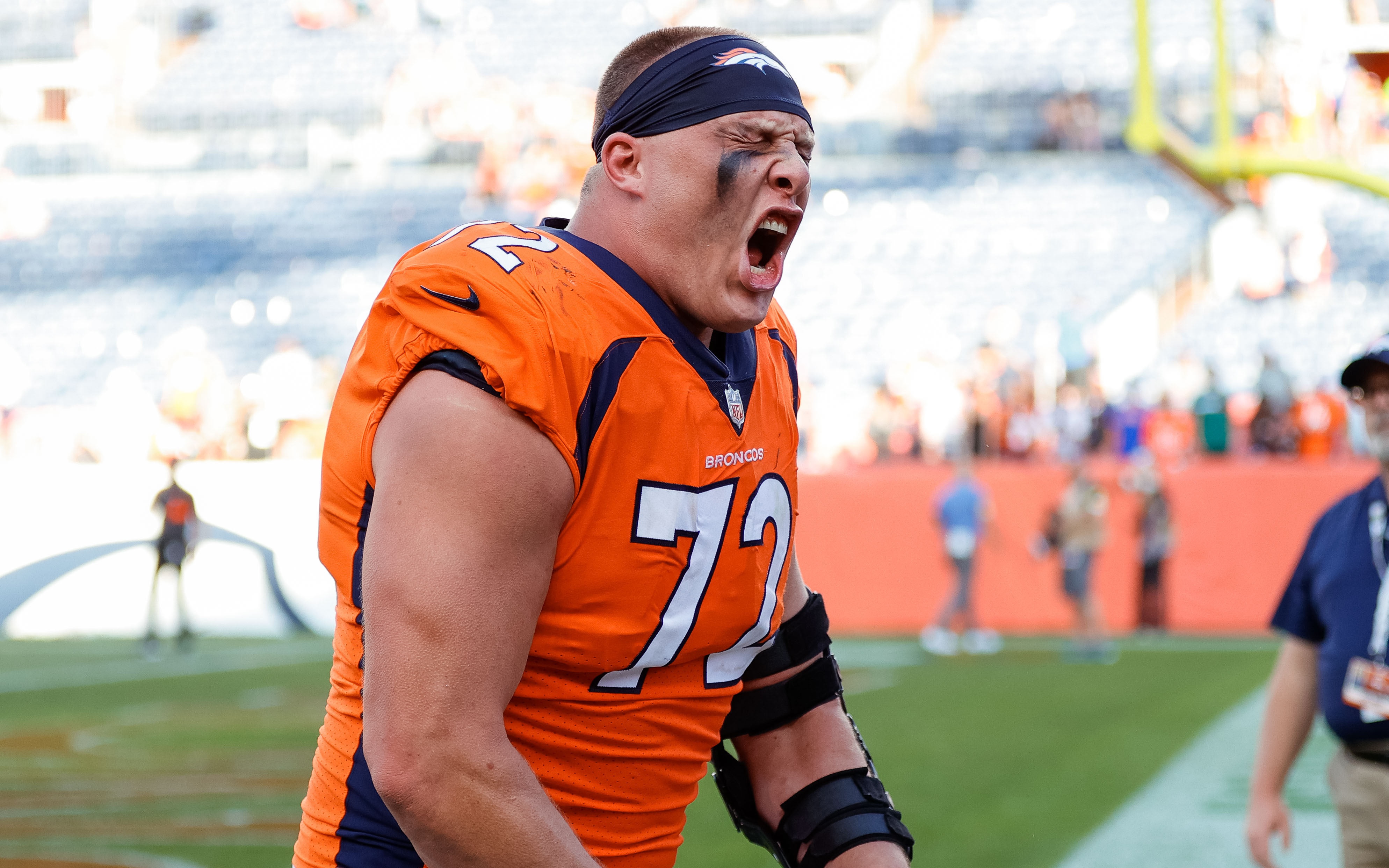 Garett Bolles celebrates in 2021. Credit: Isaiah J. Downing, USA TODAY Sports.