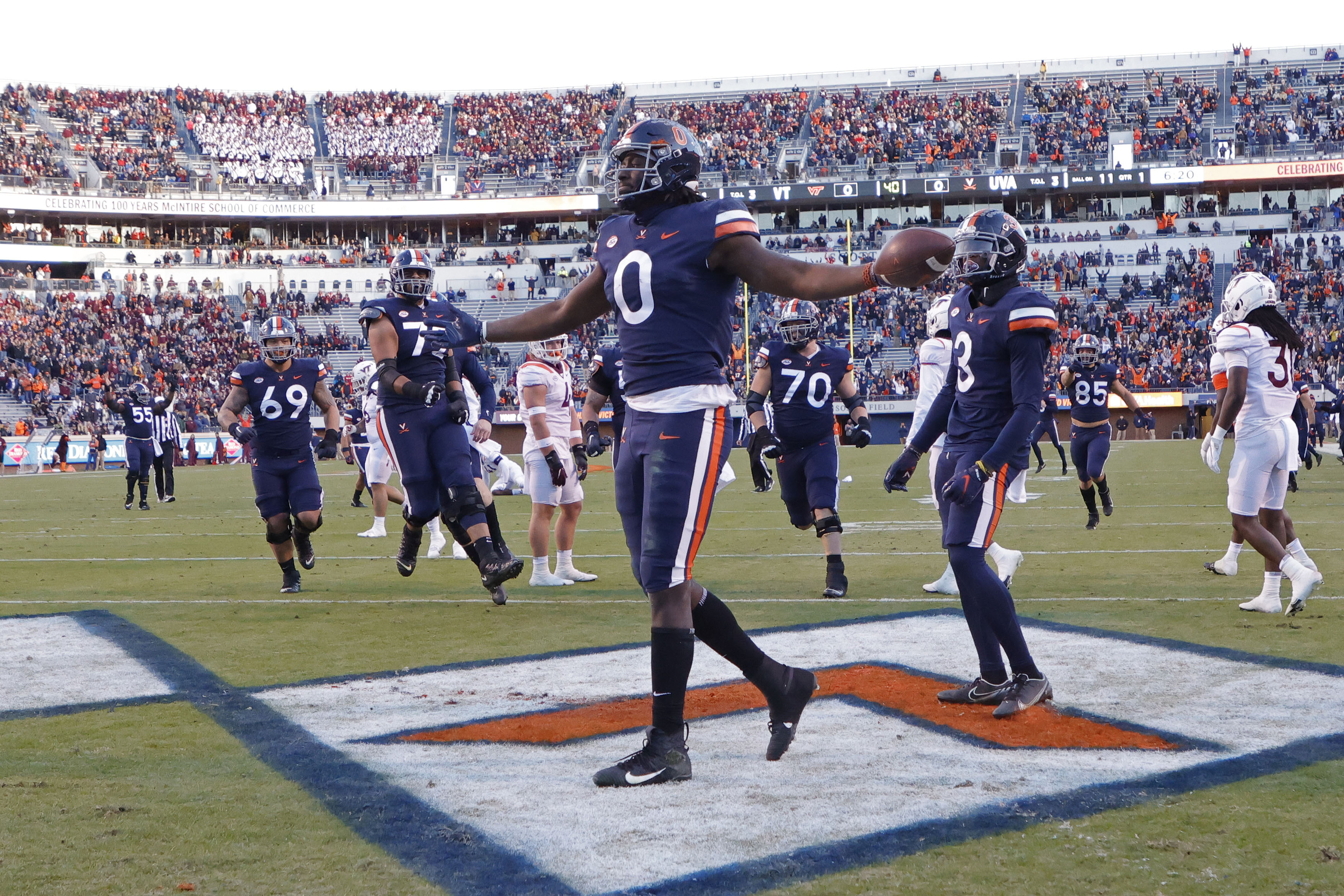 Virginia Cavaliers tight end Jelani Woods (0) celebrates after scoring a touchdown against the Virginia Tech Hokies during the first quarter at Scott Stadium. 