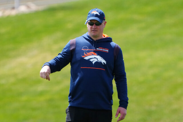 Denver Broncos head coach Nathaniel Hackett reacts during a Denver Broncos mini camp at UCHealth Training Center.