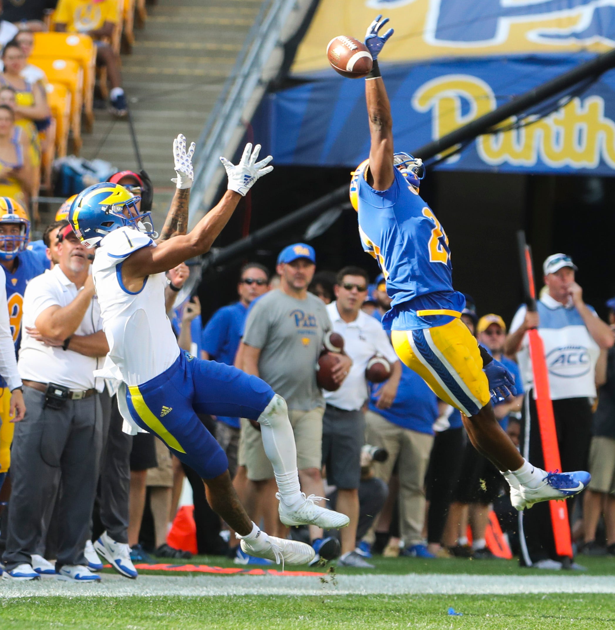 Delaware wide receiver Thyrick Pitts has a long third down pass tipped away by Pitt defender Damarri Mathis late in the fourth quarter of Delaware's 17-14 loss at Heinz Field Saturday.