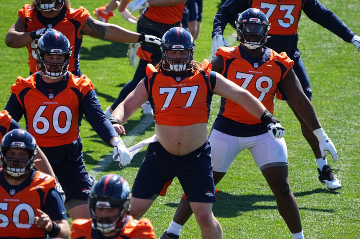 Denver Broncos lineman Cody Conway (60) and lineman Quinn Meinerz (77) and center Lloyd Cushenberry (79) during organized team activities at the UCHealth Training Center.
