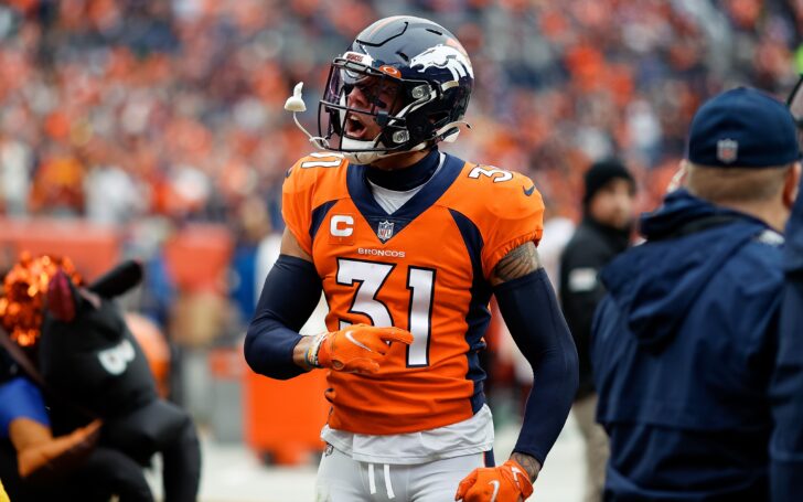 Denver Broncos safety Justin Simmons (31) reacts after a play in the first quarter against the Washington Football Team at Empower Field at Mile High.