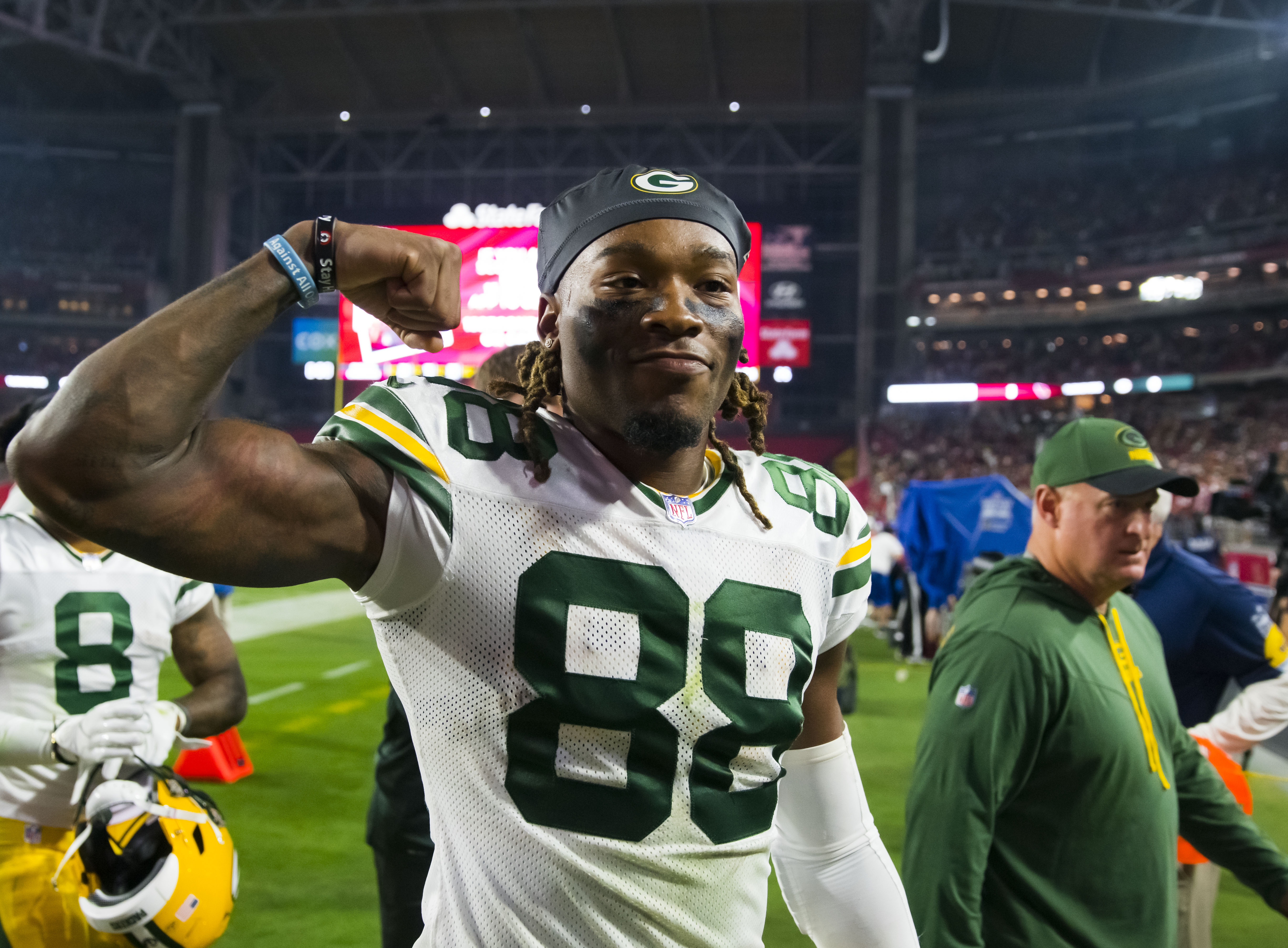 Green Bay Packers wide receiver Juwann Winfree (88) celebrates after defeating the Arizona Cardinals at State Farm Stadium.