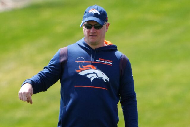 Head coach Nathaniel Hackett at Broncos practice in late April. Credit: Ron Chenoy, USA TODAY Sports.