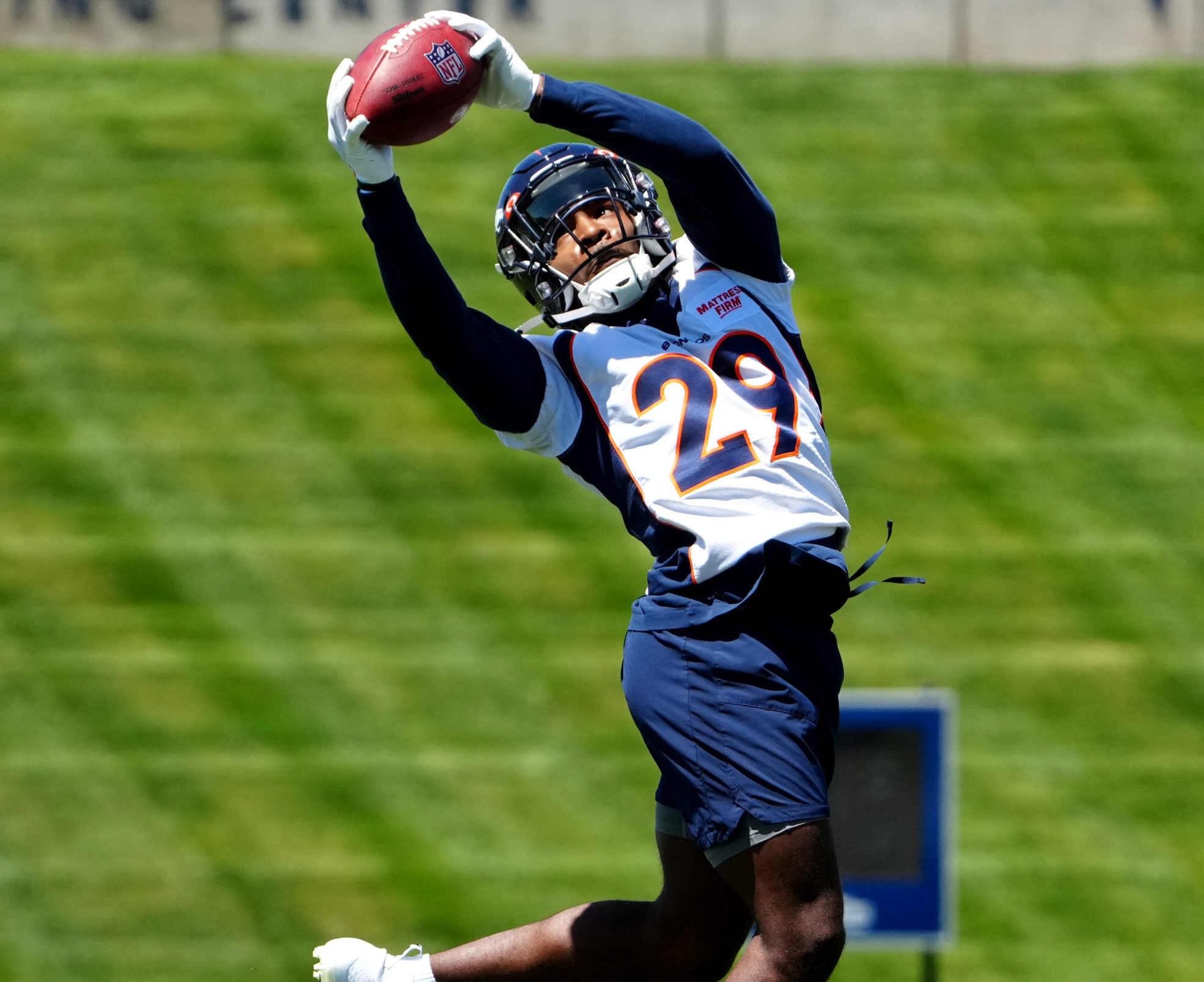 Denver Bronco cornerback Faion Hicks (29) during rookie mini camp drills at UCHealth Training Center. 