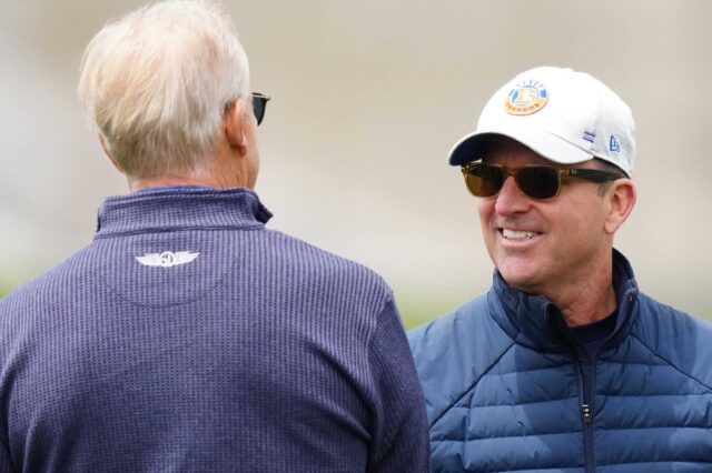 George Paton and John Elway at Denver Broncos OTAs. Credit: Ron Chenoy, USA TODAY Sports.