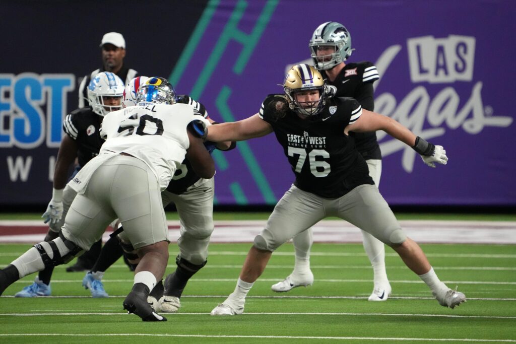 West lineman Luke Wattenberg of Washington (76) in the second half of the East-West Shrine Bowl at Allegiant Stadium.