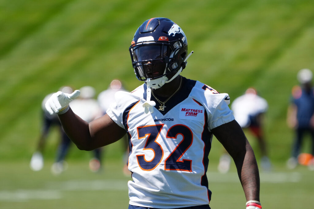 Denver Bronco safety Delarrin Turner-Yell (32) during mini camp drills at UCHealth Training Center.