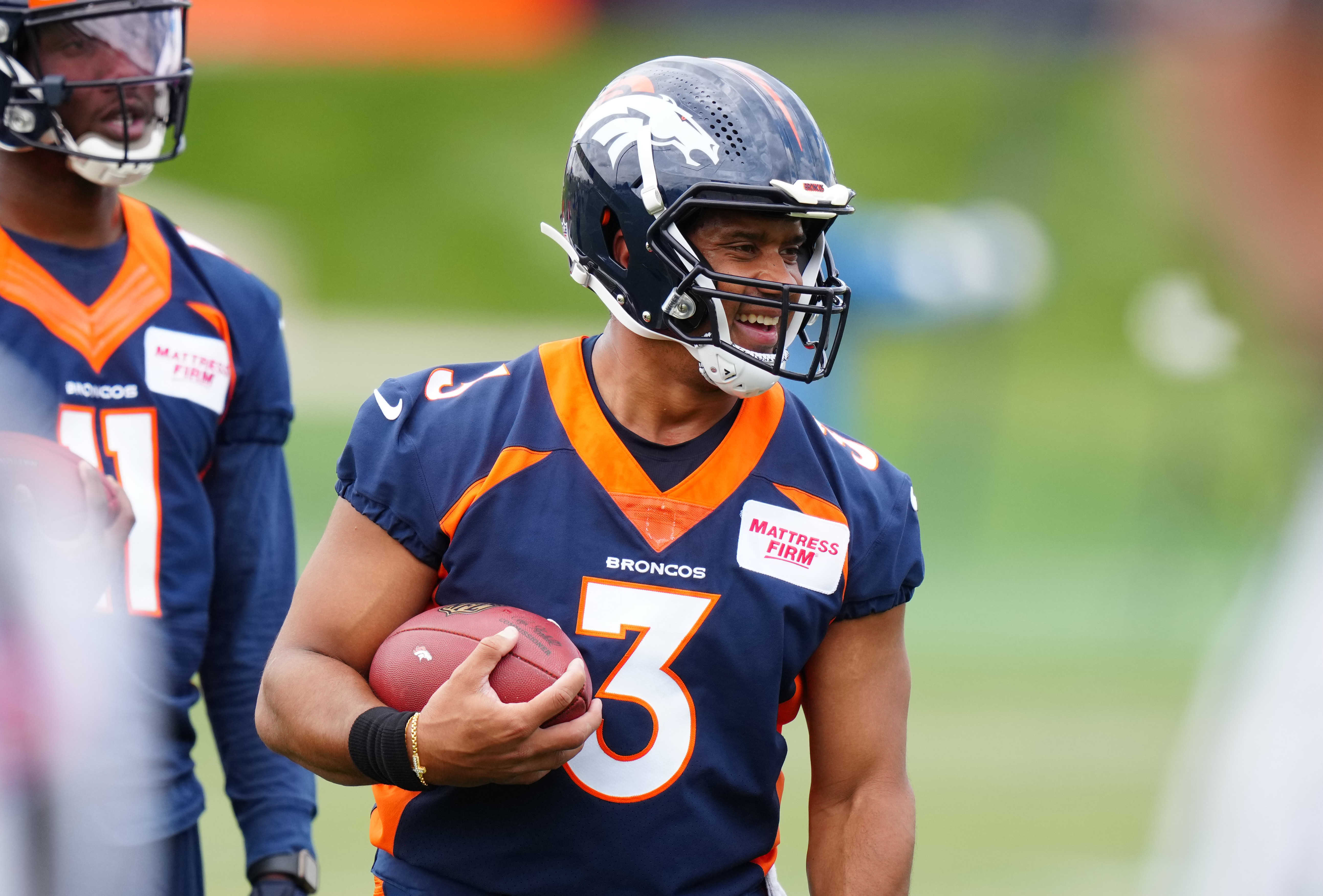 Denver Broncos quarterback Russell Wilson (3) during OTA workouts at the UC Health Training Center.