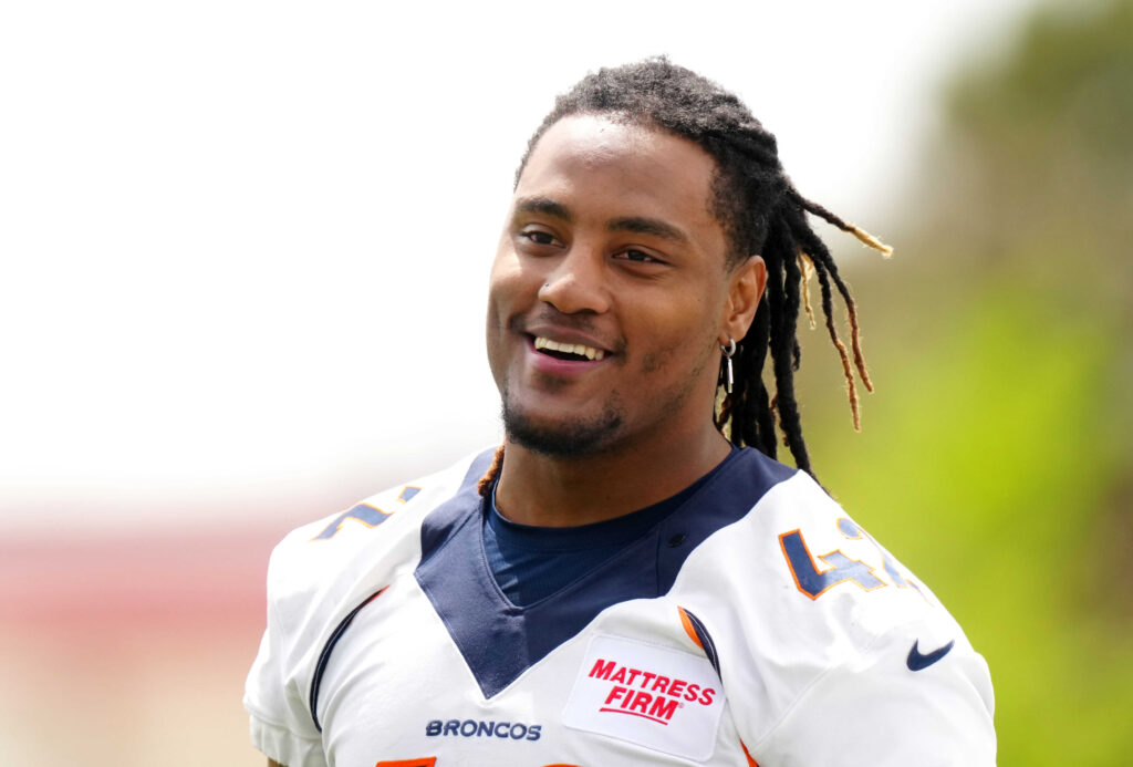 Denver Broncos outside linebacker Nik Bonitto (42) during OTA workouts at the UC Health Training Center.