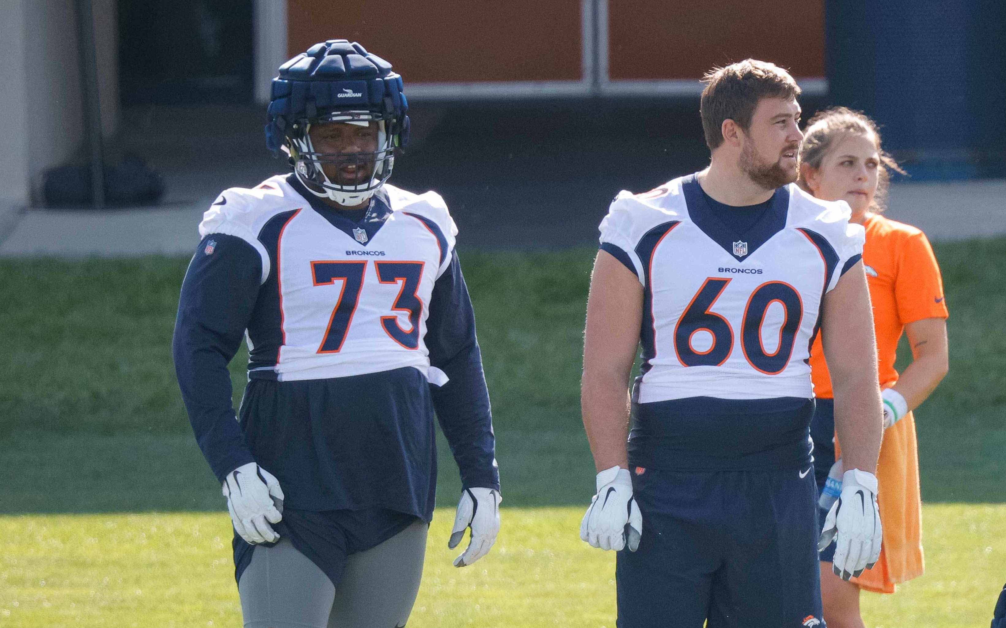 Cam Fleming (73) in Denver Broncos training camp in 2021. Credit: Isaiah J. Downing, USA TODAY Sports.