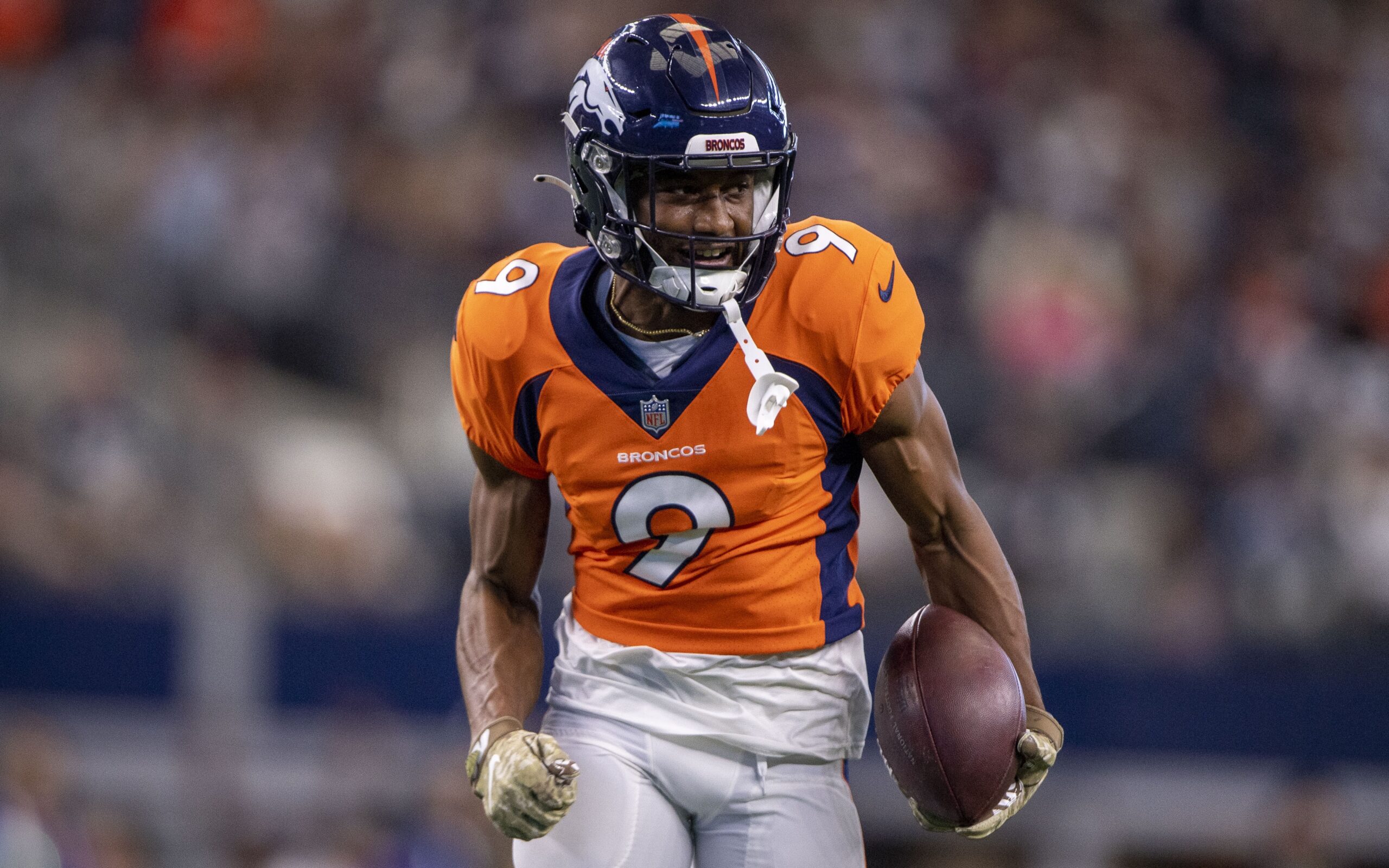 Denver Broncos wide receiver Kendall Hinton (9) celebrates his