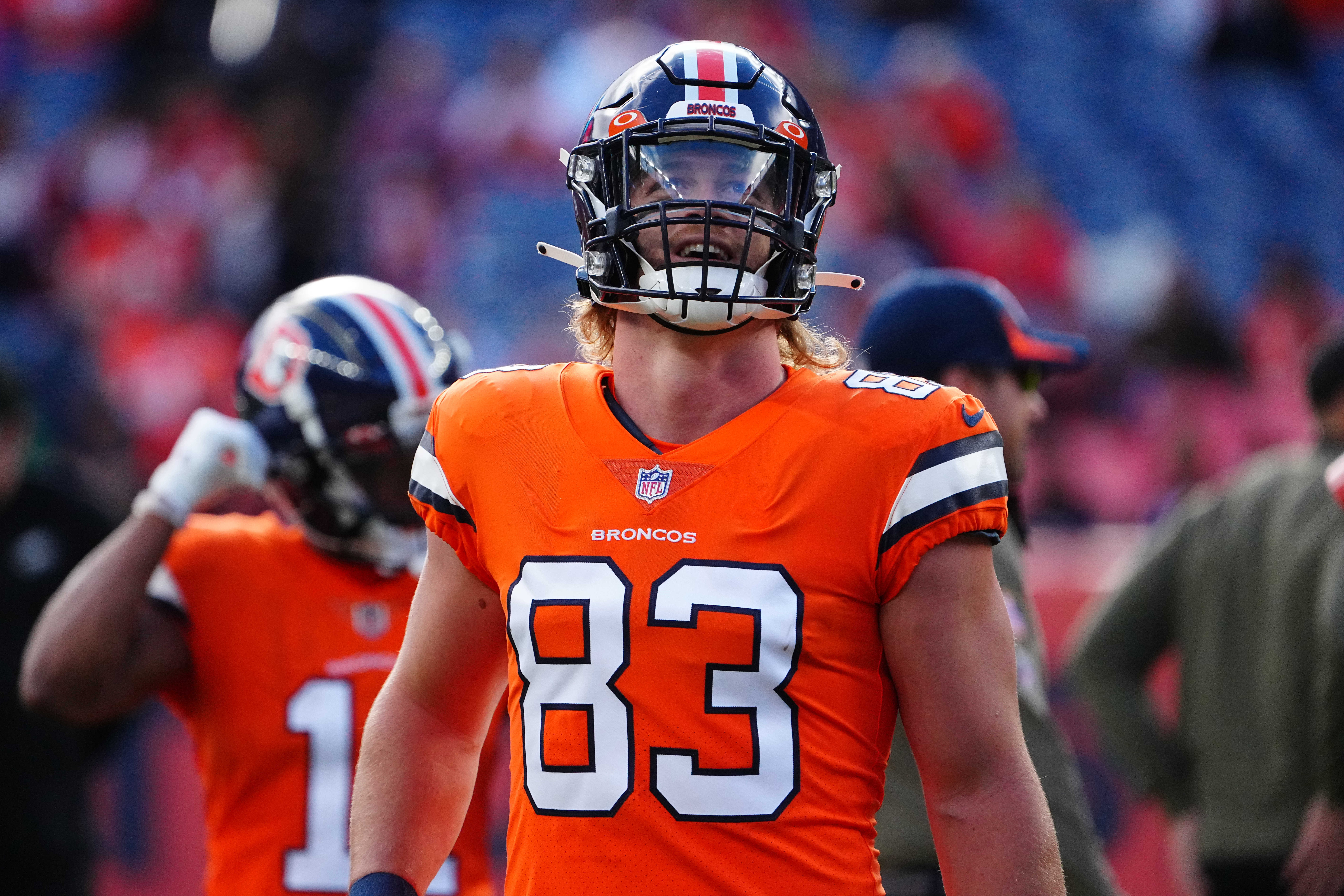 Denver Broncos tight end Andrew Beck (83) prior to the game against the Philadelphia Eagles at Empower Field at Mile High.