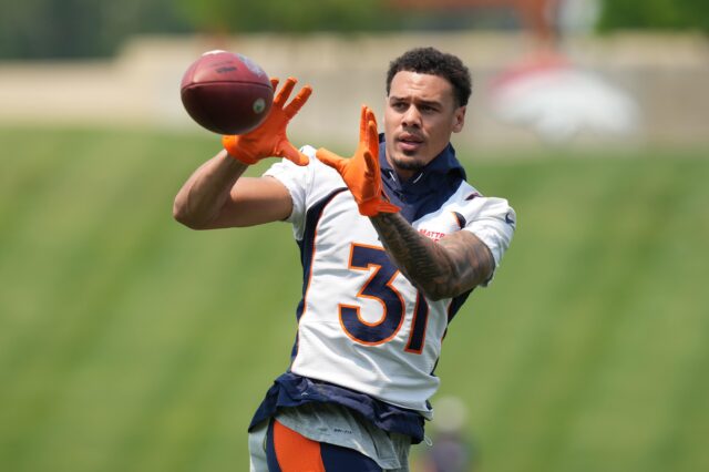 Justin Simmons in minicamp. Credit: Ron Chenoy, USA TODAY Sports.