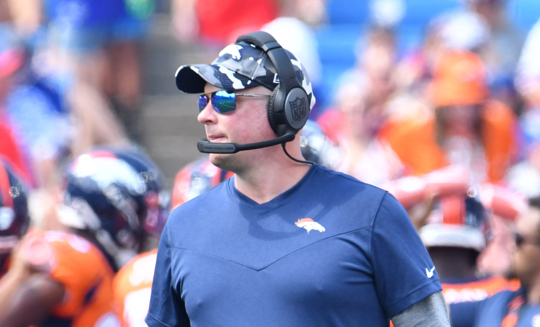 Denver Broncos head coach Nathaniel Hackett on the sidelines in the second quarter of a pre-season game against the Buffalo Bills at Highmark Stadium.