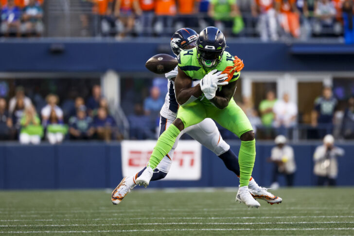 Denver Broncos cornerback Pat Surtain II (2) breaks up a pass intended for Seattle Seahawks wide receiver DK Metcalf (14) during the fourth quarter at Lumen Field.