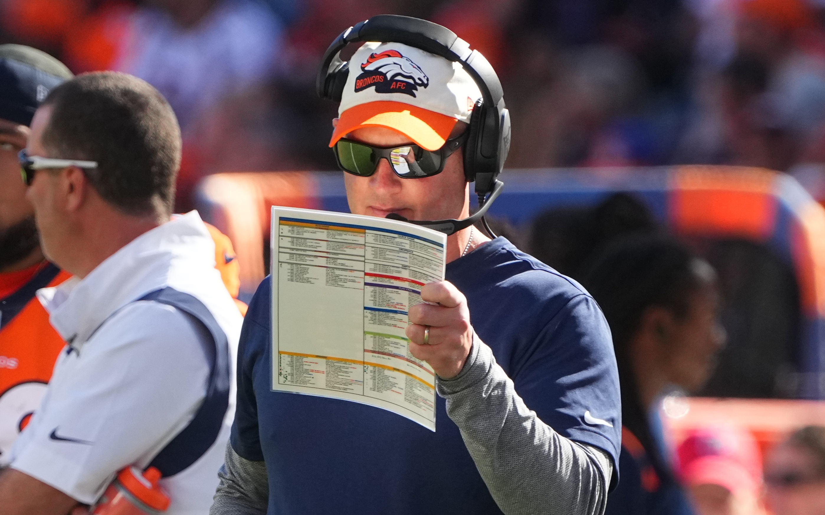 Nathaniel Hackett calling plays in the win over Houston on Sunday, Sept. 18 2022. Credit: Ron Chenoy, USA TODAY Sports.