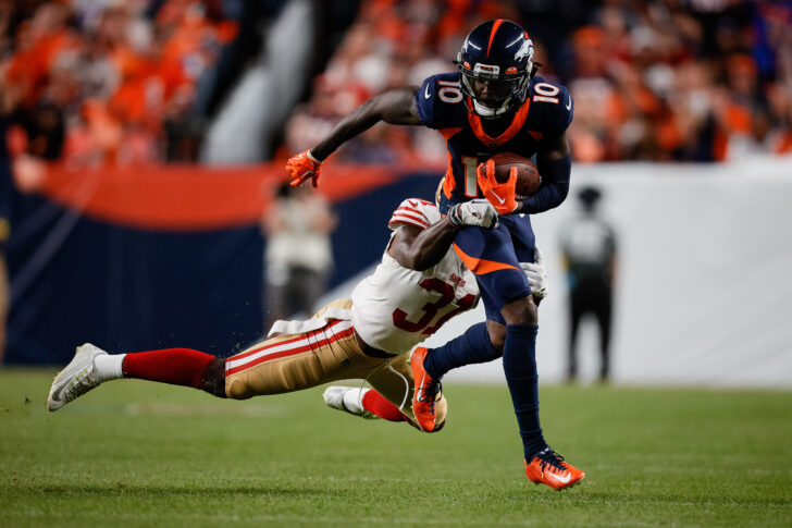 Sep 25, 2022; Denver, Colorado, USA; Denver Broncos wide receiver Jerry Jeudy (10) is tackled by San Francisco 49ers safety Tashaun Gipson Sr. (31) in the second quarter at Empower Field at Mile High. Mandatory Credit: Isaiah J. Downing-USA TODAY Sports (NFL Green Bay Packers)