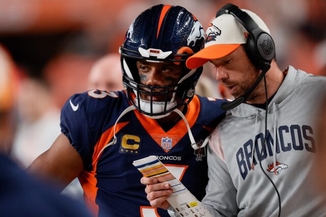 Russell Wilson and Klint Kubiak on the sideline during the Broncos - 49ers game in September, 2022. Credit: Isaiah J. Downing, USA TODAY Sports.