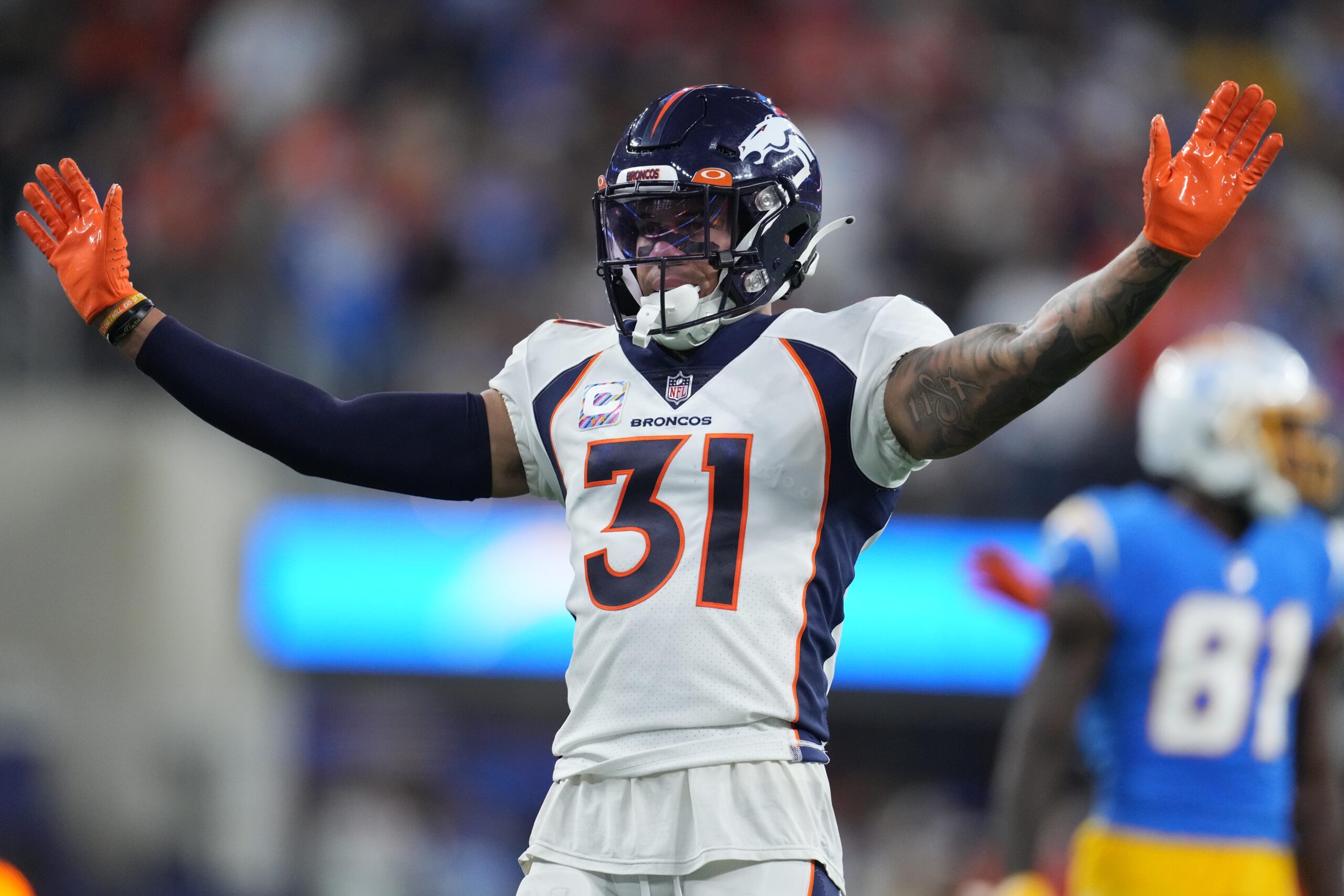 Denver Broncos wide receiver Tyrie Cleveland (16) plays against the  Tennessee Titans during the first half of an NFL football game Sunday, Nov.  13, 2022, in Nashville, Tenn. (AP Photo/Mark Zaleski Stock