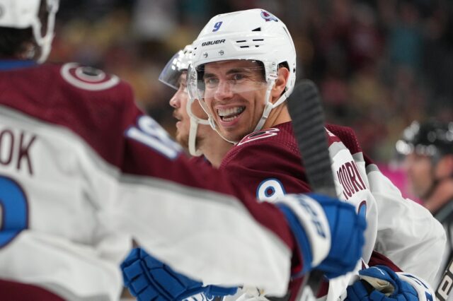 Evan Rodrigues celebrates with his new teammates on the Colorado Avalanche. Credit: Steven L. Sylvanie, USA TODAY Sports.