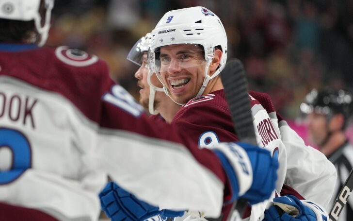 Evan Rodrigues celebrates with his new teammates on the Colorado Avalanche. Credit: Steven L. Sylvanie, USA TODAY Sports.
