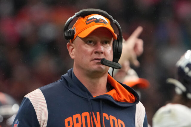 Denver Broncos head coach Nathaniel Hackett reacts in the fourth quarter of an NFL International Series game against the Jacksonville Jaguars at Wembley Stadium. The Broncos defeated the Jaguars 21-17.