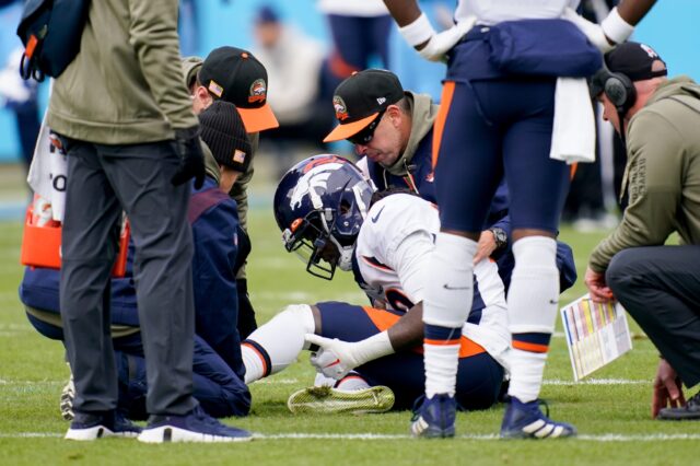 Jerry Jeudy down on the field injured. Credit: Andrew Nelles, USA TODAY Sports.