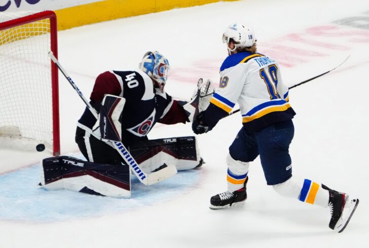 St. Louis Blues' Robert Thomas (18) leads teammates toward the bench after  his goal against the New Jersey Devils during the third period of an NHL  hockey game Thursday, Jan. 5, 2023
