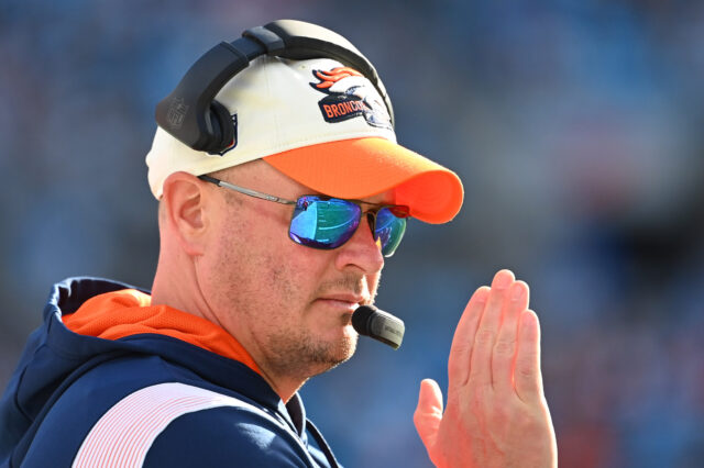 Denver Broncos head coach Nathaniel Hackett on the sidelines in the second quarter at Bank of America Stadium.