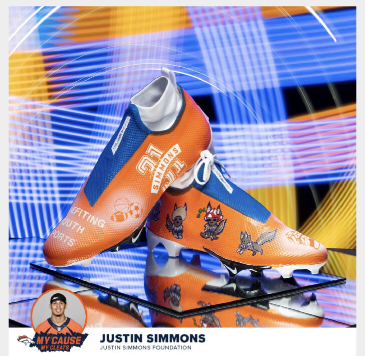 Denver Broncos S Justin Simmons' pair of cleats for the 'My Cause My Cleats' Initiative representing his own foundation.