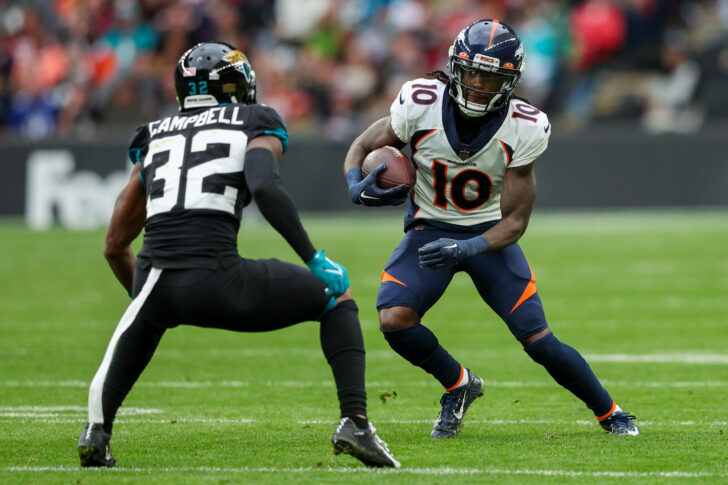 Oct 30, 2022; London, United Kingdom, Denver Broncos wide receiver Jerry Jeudy (10) runs with the ball defended by Jacksonville Jaguars cornerback Tyson Campbell (32) in the third quarter during an NFL International Series game at Wembley Stadium. Mandatory Credit: Nathan Ray Seebeck-USA TODAY Sports (NFL - Green Bay Packers)