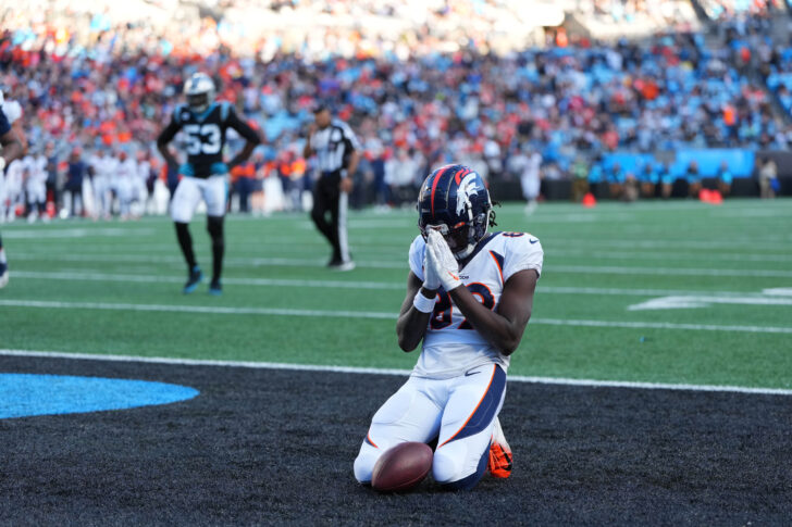 Denver Broncos wide receiver Brandon Johnson (89) reacts after catching a toudhdown in the fourth quarter at Bank of America Stadium.